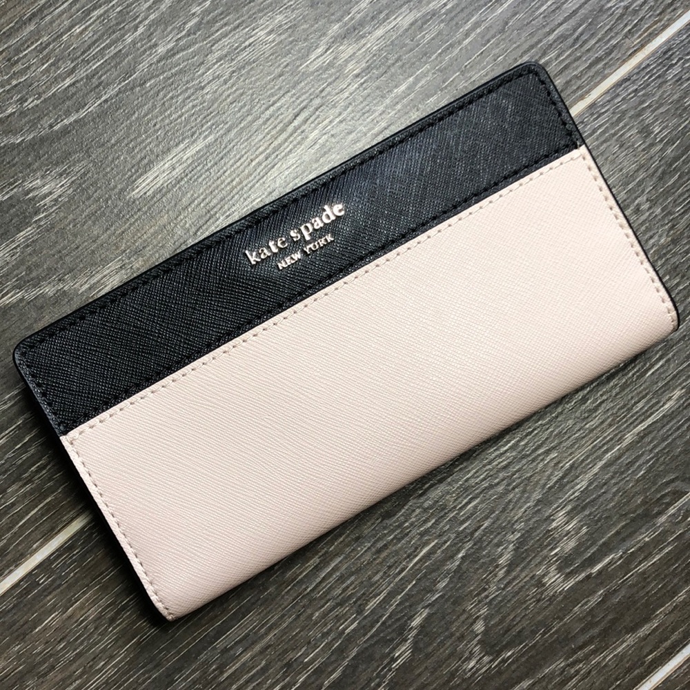 Kate Spade New York Cameron Large Slim Beige Black Bifold Wallet NWT